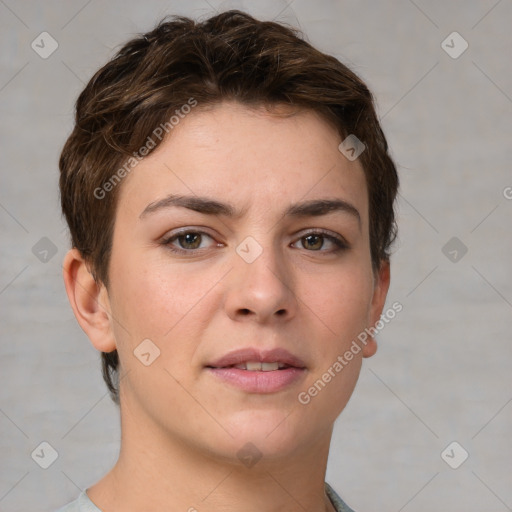 Neutral white young-adult female with short  brown hair and brown eyes