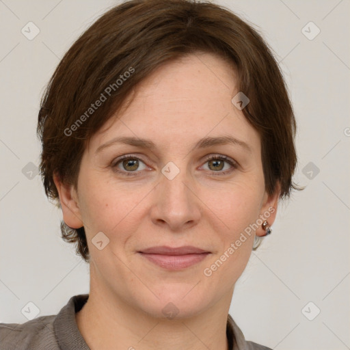 Joyful white adult female with medium  brown hair and grey eyes