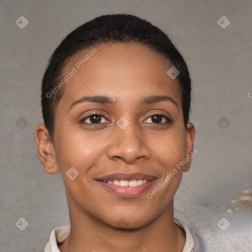 Joyful latino young-adult female with short  brown hair and brown eyes