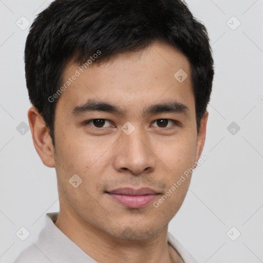 Joyful latino young-adult male with short  brown hair and brown eyes