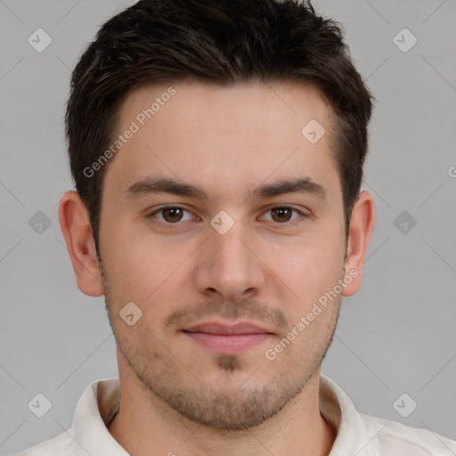 Neutral white young-adult male with short  brown hair and brown eyes