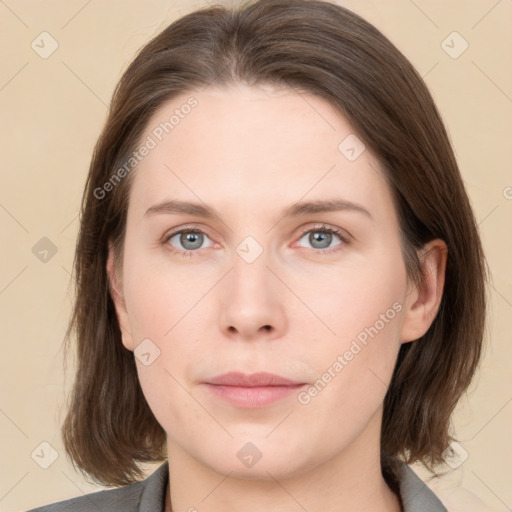 Neutral white young-adult female with medium  brown hair and grey eyes