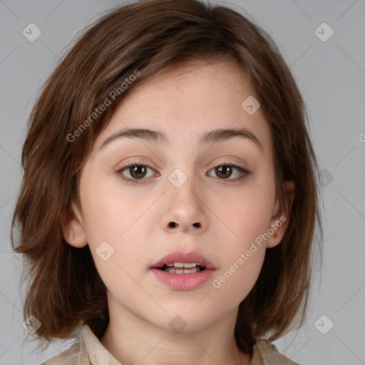 Neutral white young-adult female with medium  brown hair and brown eyes