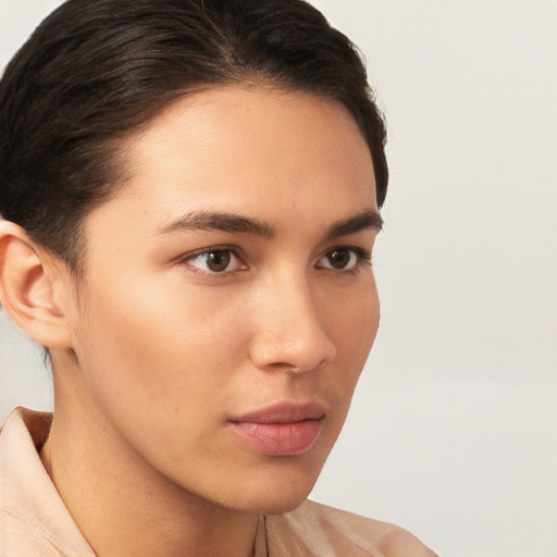 Neutral white young-adult female with medium  brown hair and brown eyes