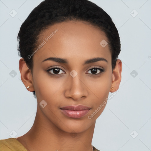 Joyful latino young-adult female with short  black hair and brown eyes