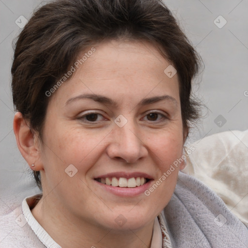 Joyful white adult female with short  brown hair and brown eyes