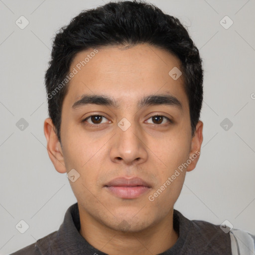 Neutral latino young-adult male with short  black hair and brown eyes