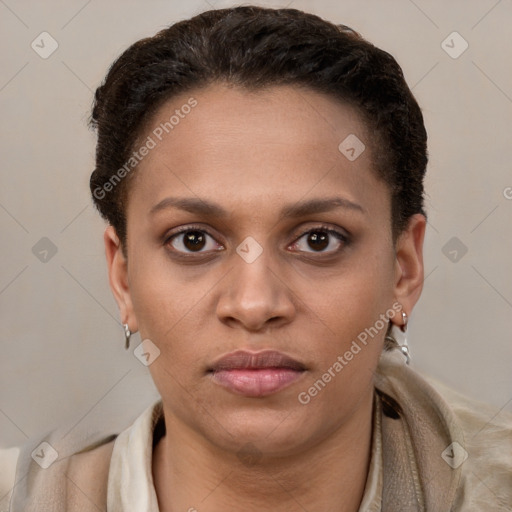 Joyful latino young-adult female with short  brown hair and brown eyes
