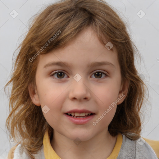 Joyful white child female with medium  brown hair and brown eyes