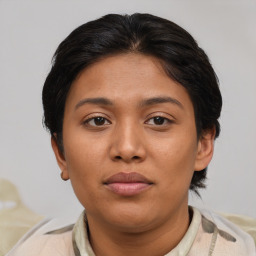 Neutral asian young-adult female with short  brown hair and brown eyes