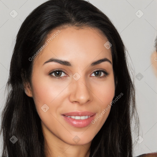 Joyful latino young-adult female with long  brown hair and brown eyes