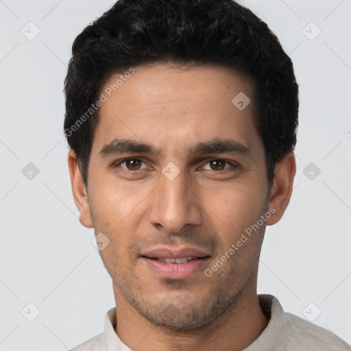 Neutral white young-adult male with short  black hair and brown eyes