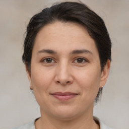 Joyful white adult female with medium  brown hair and brown eyes