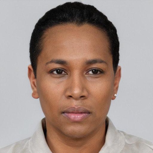 Neutral black young-adult female with short  black hair and brown eyes
