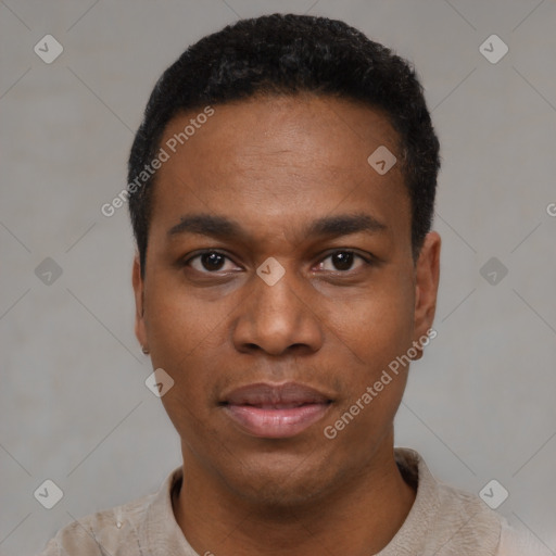 Neutral black young-adult male with short  black hair and brown eyes