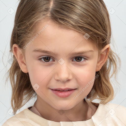 Joyful white child female with medium  brown hair and brown eyes