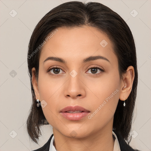 Neutral white young-adult female with medium  brown hair and brown eyes