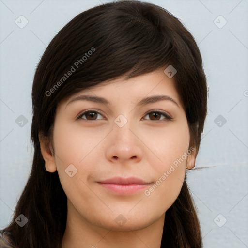 Neutral white young-adult female with long  brown hair and brown eyes