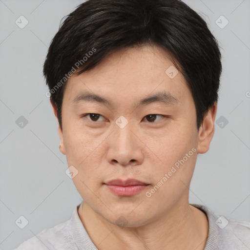 Neutral asian young-adult male with short  black hair and brown eyes