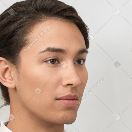 Neutral white young-adult female with short  brown hair and brown eyes