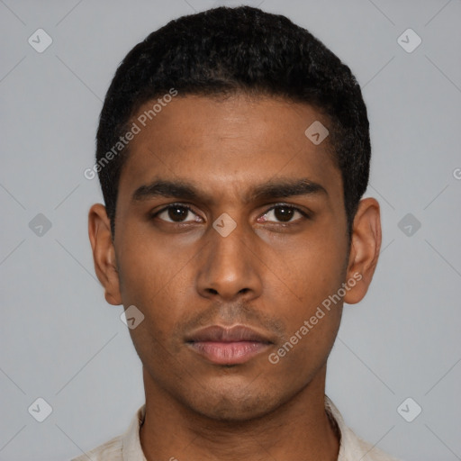 Neutral latino young-adult male with short  black hair and brown eyes