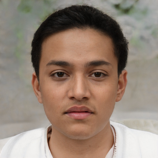 Neutral latino young-adult male with short  brown hair and brown eyes