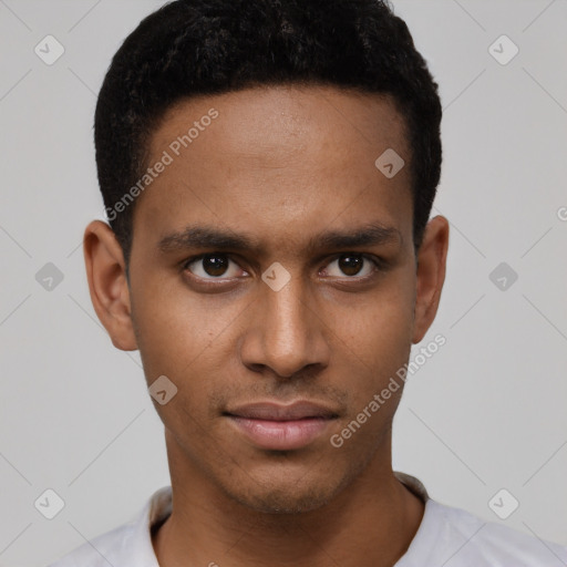 Neutral latino young-adult male with short  black hair and brown eyes