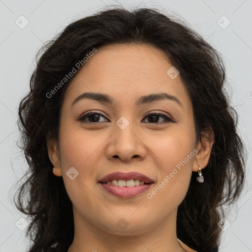 Joyful asian young-adult female with long  brown hair and brown eyes