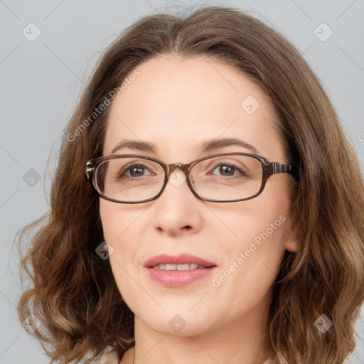 Joyful white young-adult female with medium  brown hair and green eyes