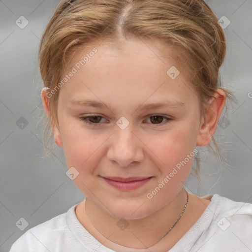 Joyful white child female with medium  brown hair and brown eyes