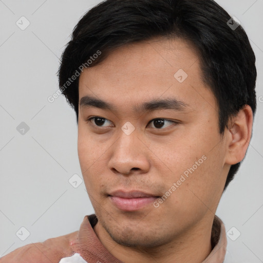 Neutral asian young-adult male with short  black hair and brown eyes