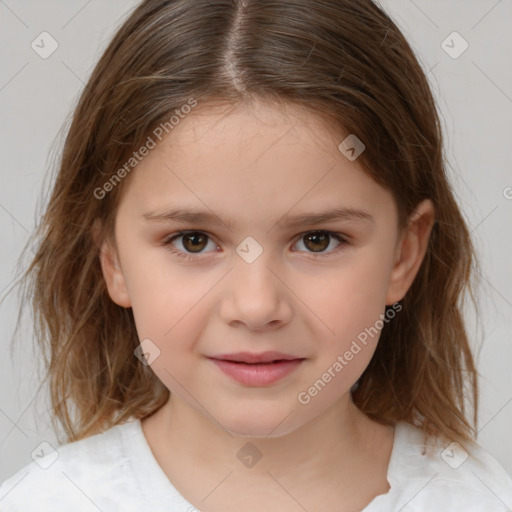 Joyful white child female with medium  brown hair and brown eyes