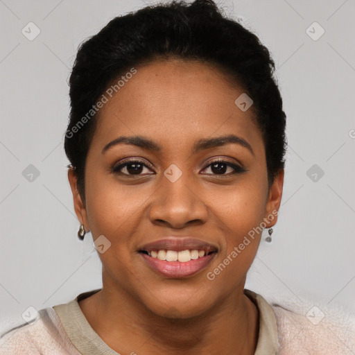 Joyful latino young-adult female with short  black hair and brown eyes