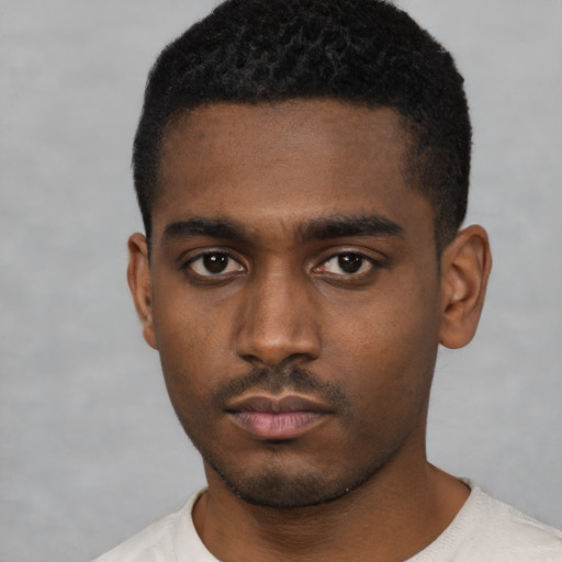 Neutral black young-adult male with short  black hair and brown eyes