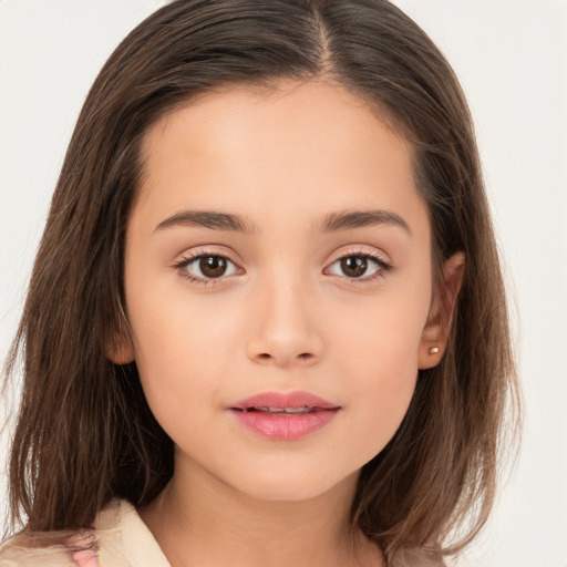 Joyful white child female with medium  brown hair and brown eyes