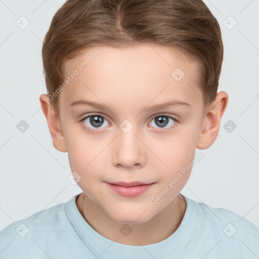 Joyful white child female with short  brown hair and brown eyes