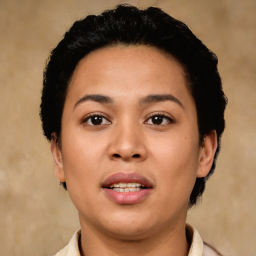 Joyful asian young-adult female with short  black hair and brown eyes