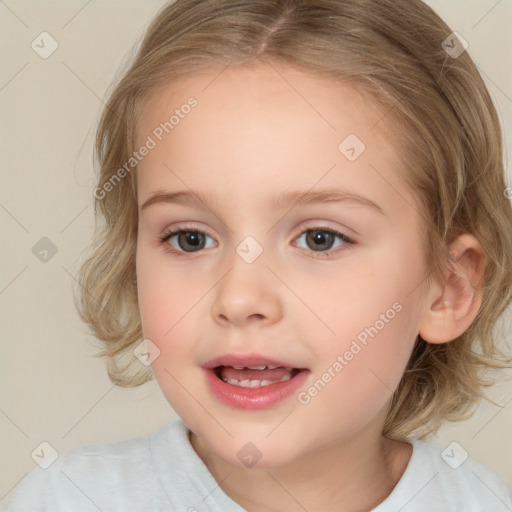 Joyful white child female with medium  brown hair and brown eyes