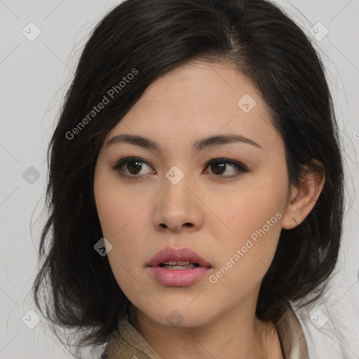 Neutral asian young-adult female with medium  brown hair and brown eyes