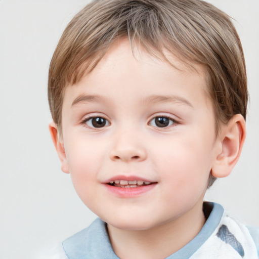 Joyful white child female with short  brown hair and brown eyes