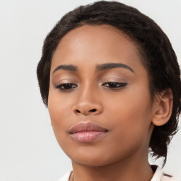 Joyful latino young-adult female with medium  black hair and brown eyes