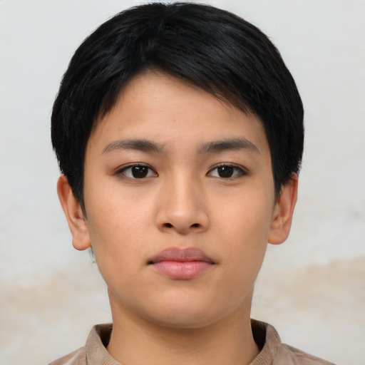 Neutral asian young-adult female with short  black hair and brown eyes