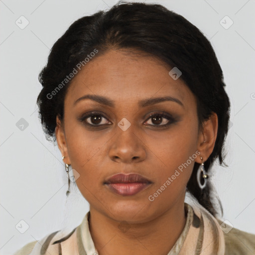 Neutral latino young-adult female with medium  brown hair and brown eyes