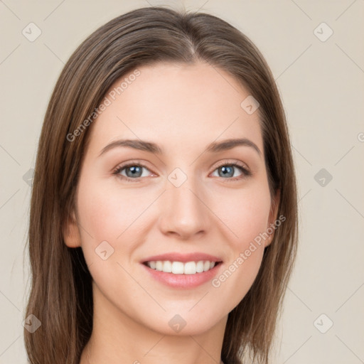 Joyful white young-adult female with long  brown hair and green eyes