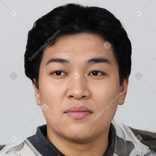 Neutral asian young-adult male with short  black hair and brown eyes