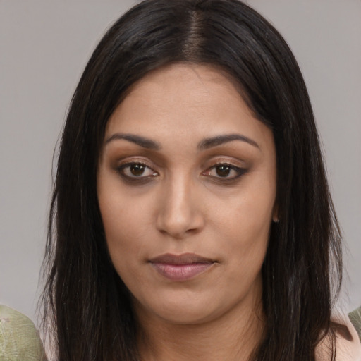 Neutral asian young-adult female with long  brown hair and brown eyes