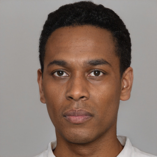 Neutral black young-adult male with short  black hair and brown eyes