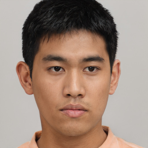 Neutral asian young-adult male with short  brown hair and brown eyes