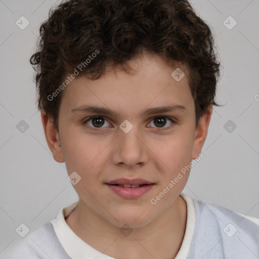 Joyful white child male with short  brown hair and brown eyes