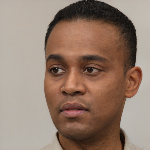 Neutral black young-adult male with short  black hair and brown eyes